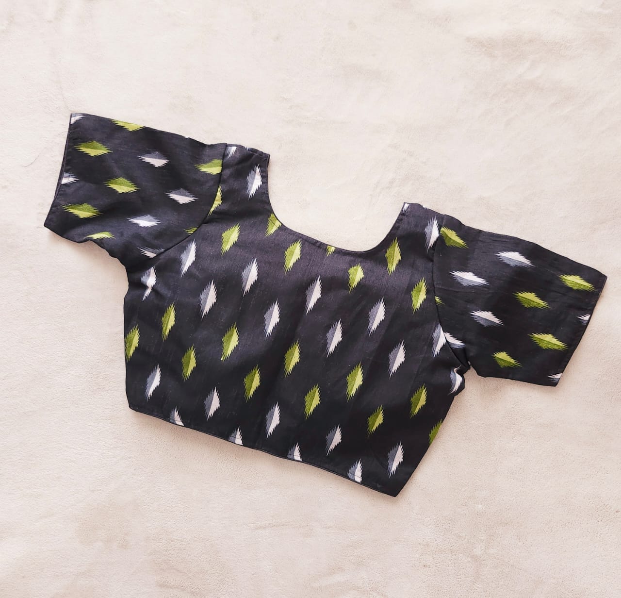Smoke Black Ikkat Printed Cotton Silk Blouse