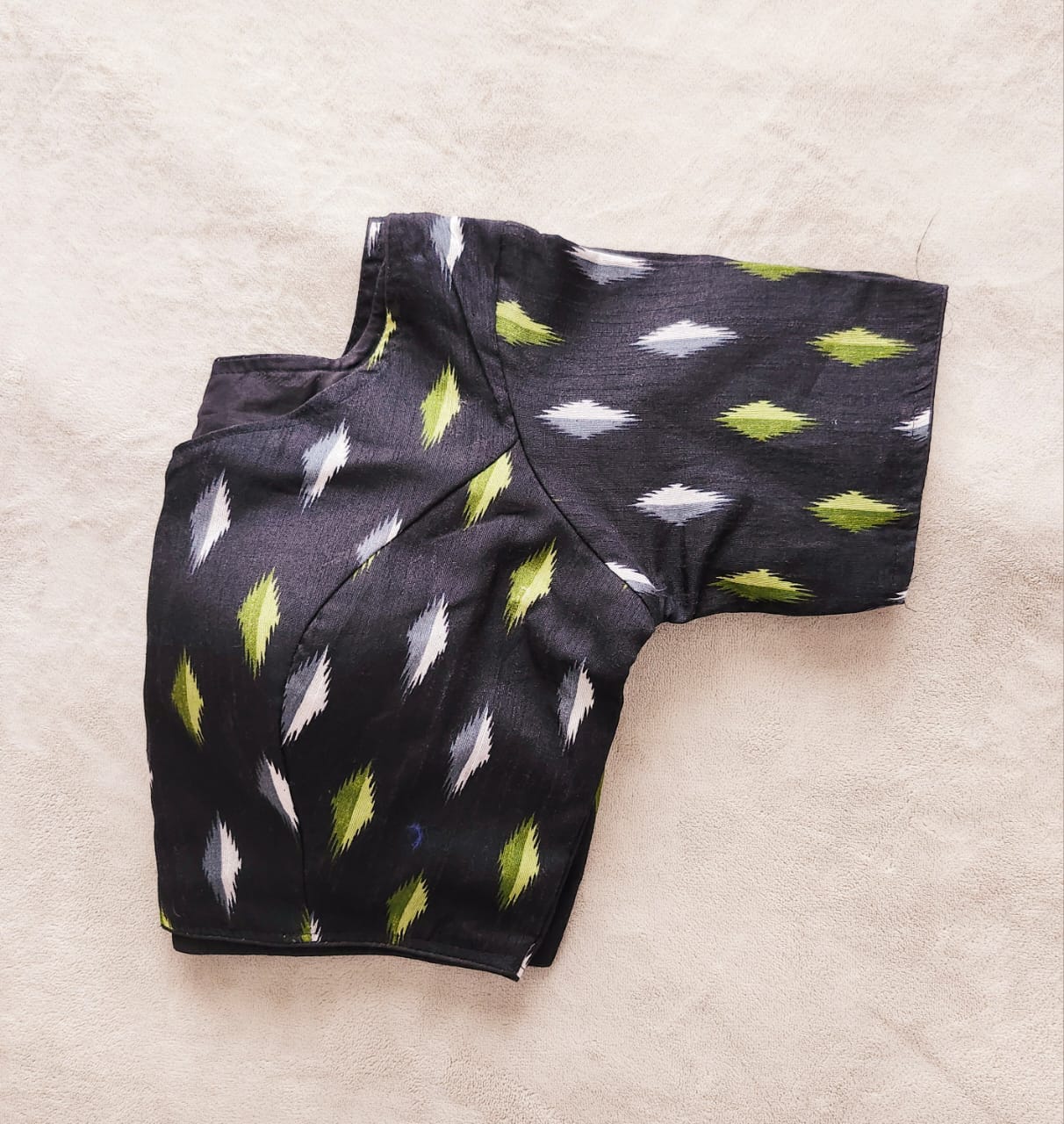 Smoke Black Ikkat Printed Cotton Silk Blouse