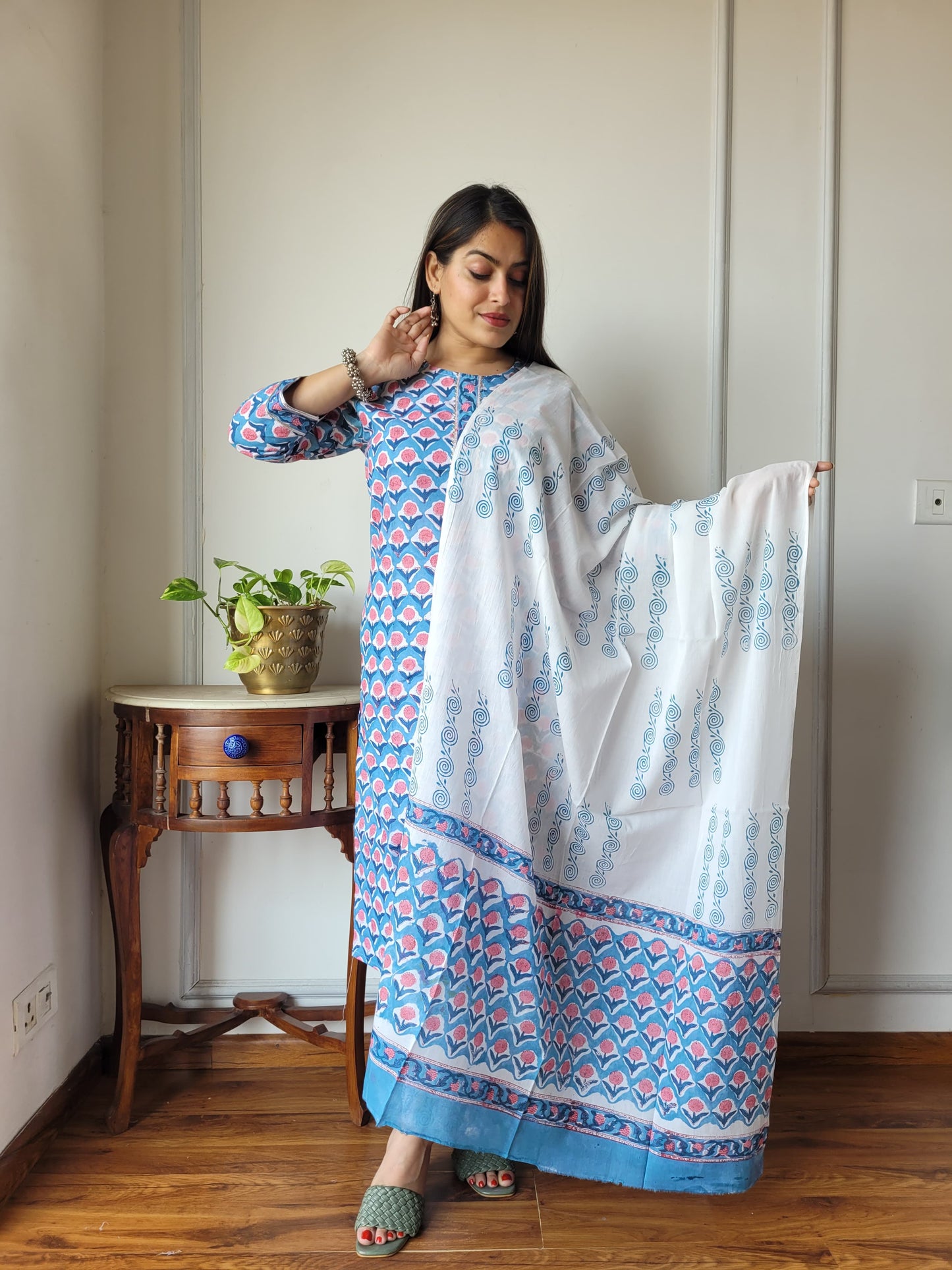 Blue Cotton Printed Straight Suit Set