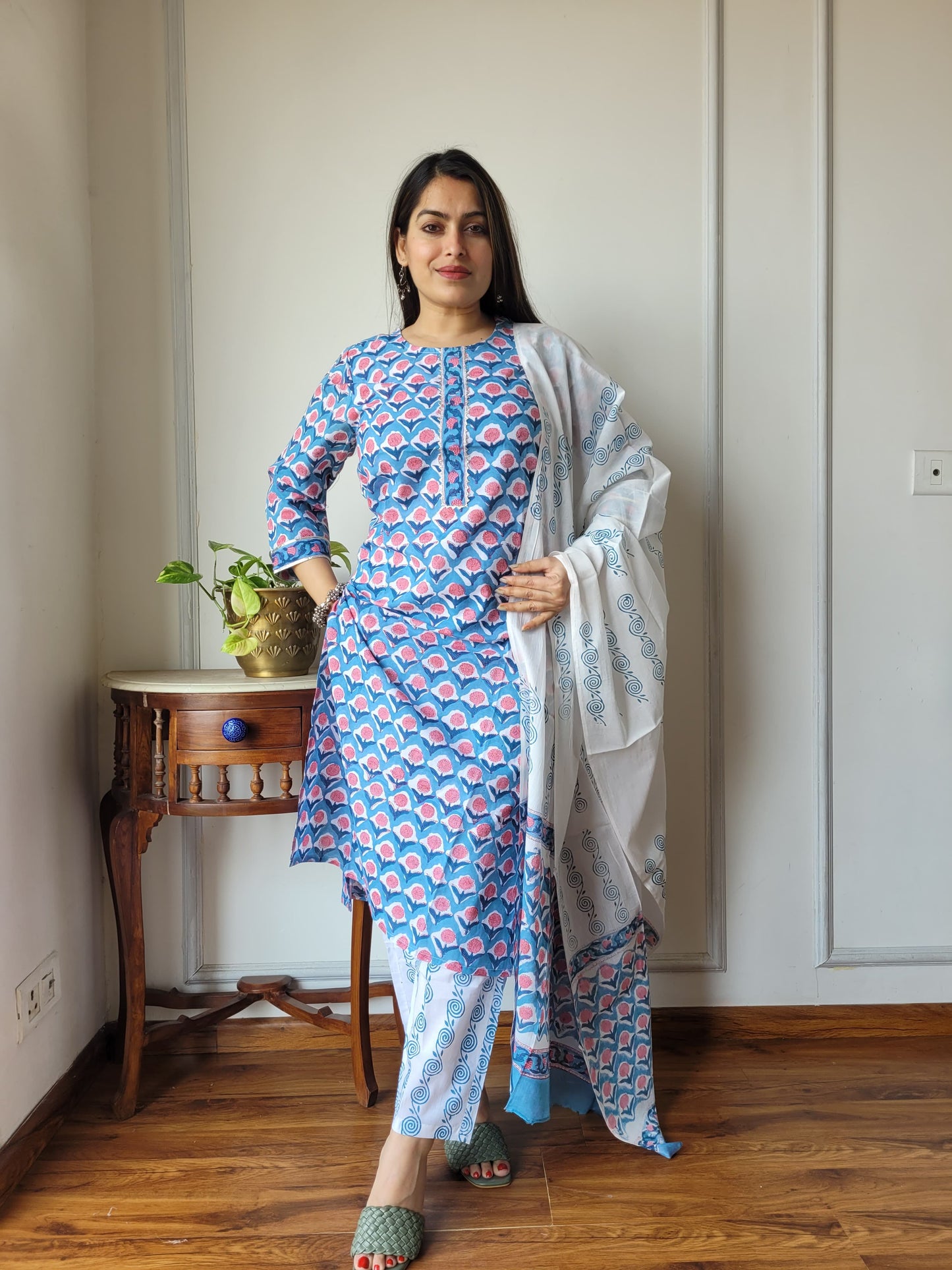 Blue Cotton Printed Straight Suit Set