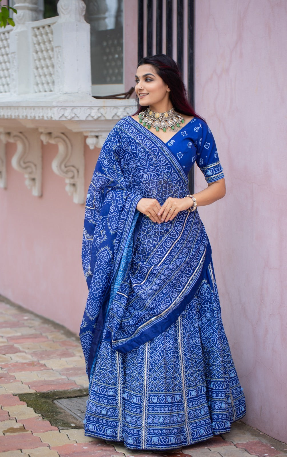 Indigo Blue Bandhani Printed Silk Lehenga Choli Set