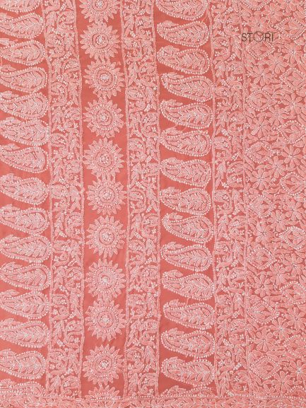 Carrot Pink Noor Full Jaal Hand Embroidered Lucknowi Chikankari Saree