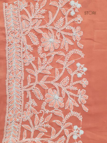 Carrot Pink Noor Full Jaal Hand Embroidered Lucknowi Chikankari Saree