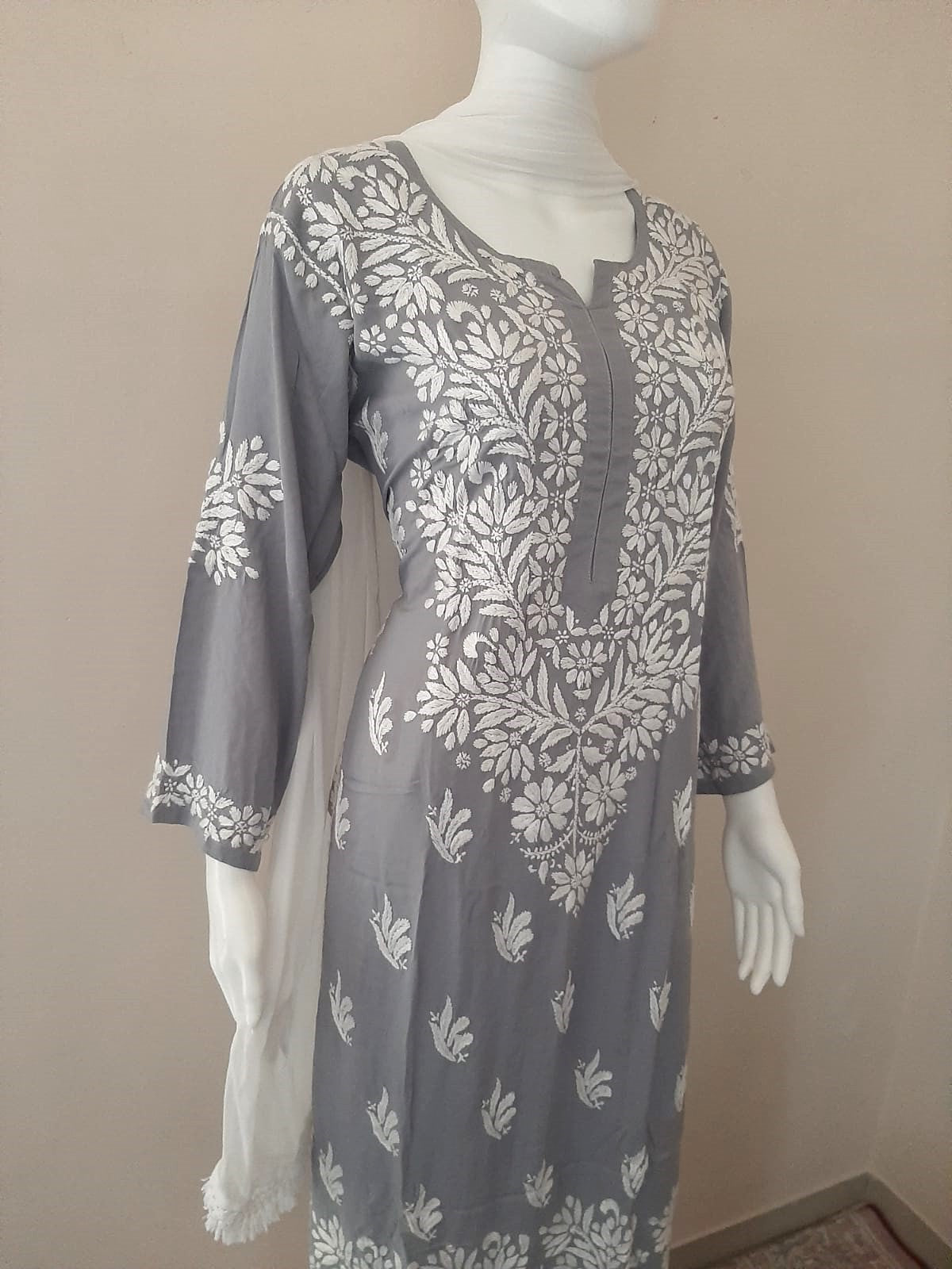Kaaya Mist Grey Modal Chikankari Kurti
