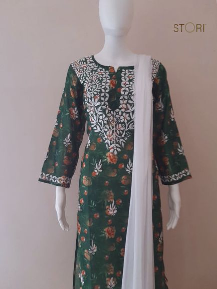 Forest Green Printed Chanderi Chikankari Kurti