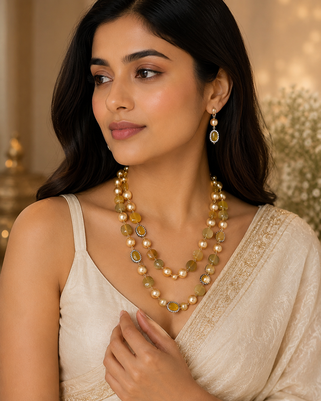 Martha Stone 2-Layer Golden Necklace And Earring Set
