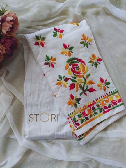 Machine Crafted White Lucknowi Chikankari Lycra Pants - Multicolor