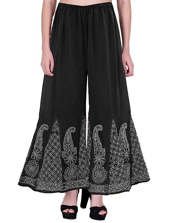 Hand Embroidered Georgette Lucknowi Chikankari Flared Palazzo - Black