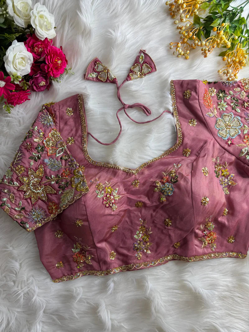 Pastel Shades Soft Silk Blouse With Hand Embroidery