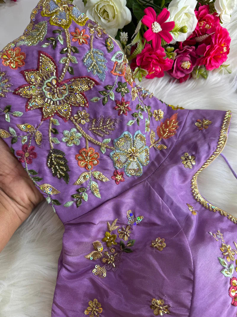 Pastel Shades Soft Silk Blouse With Hand Embroidery