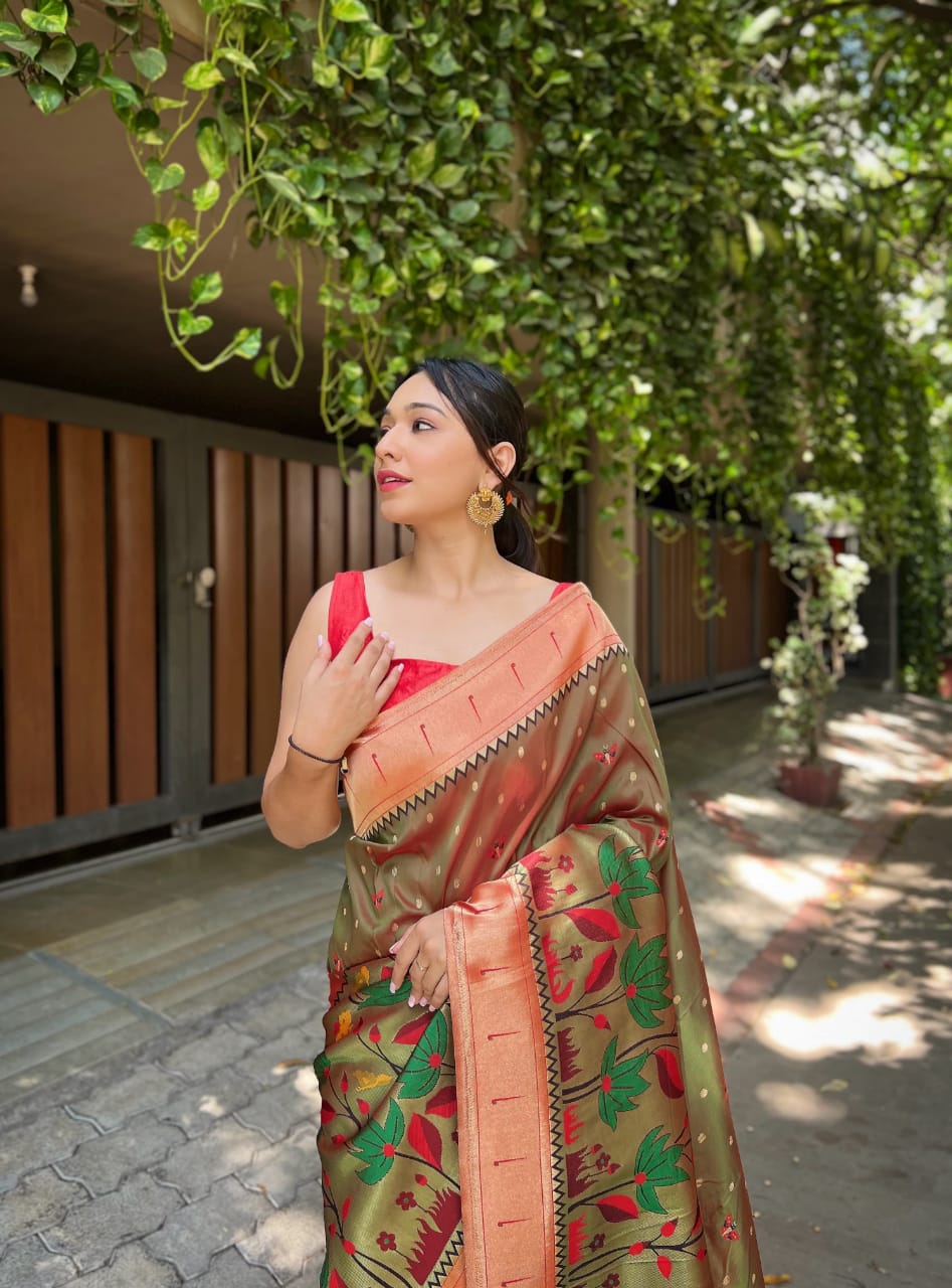 Fig Green Dual Shade Paithani Silk Saree With Lotus Woven Motifs