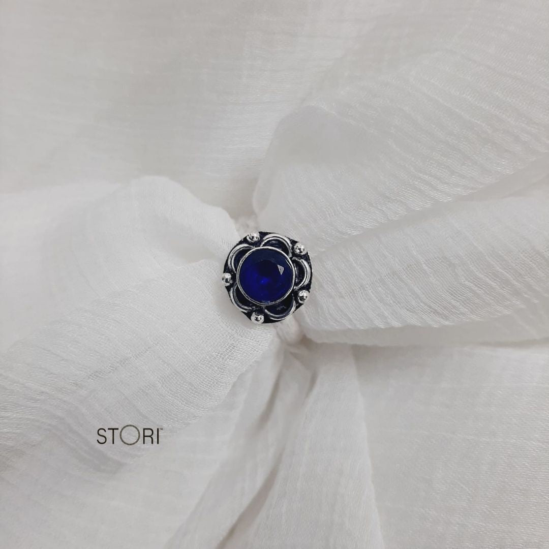 Blue Women's Oxidised Silver Finger Ring - STORI