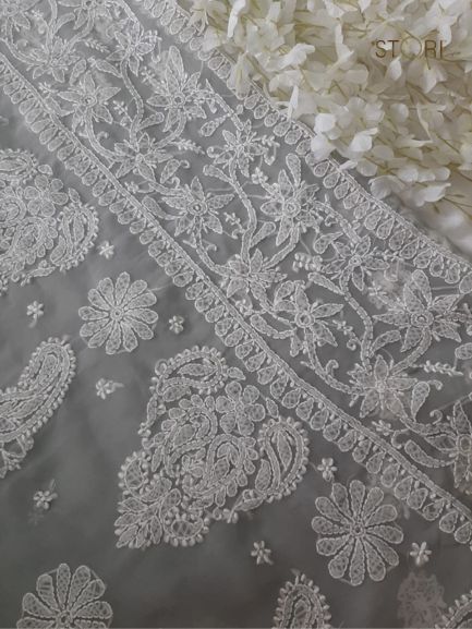 Fog Grey Sanah Handcrafted Lucknowi Chikankari Saree