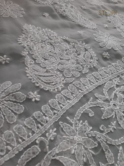 Fog Grey Sanah Handcrafted Lucknowi Chikankari Saree