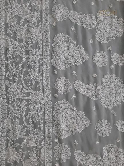 Fog Grey Sanah Handcrafted Lucknowi Chikankari Saree
