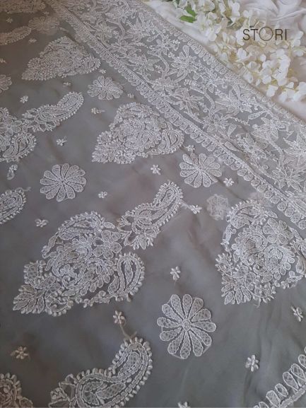 Fog Grey Sanah Handcrafted Lucknowi Chikankari Saree