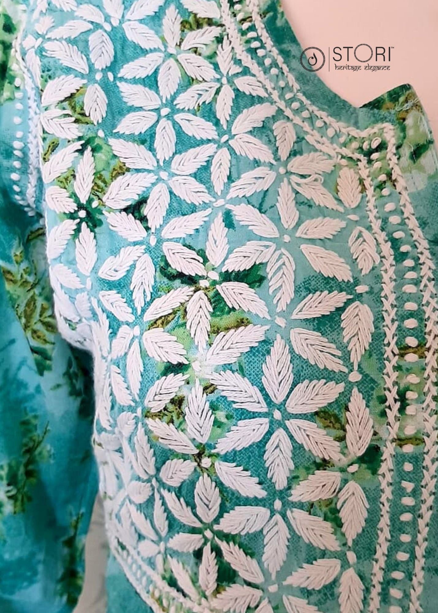 Floral Seagreen Printed Cotton Mulmul Chikankari Short Kurti with Dori