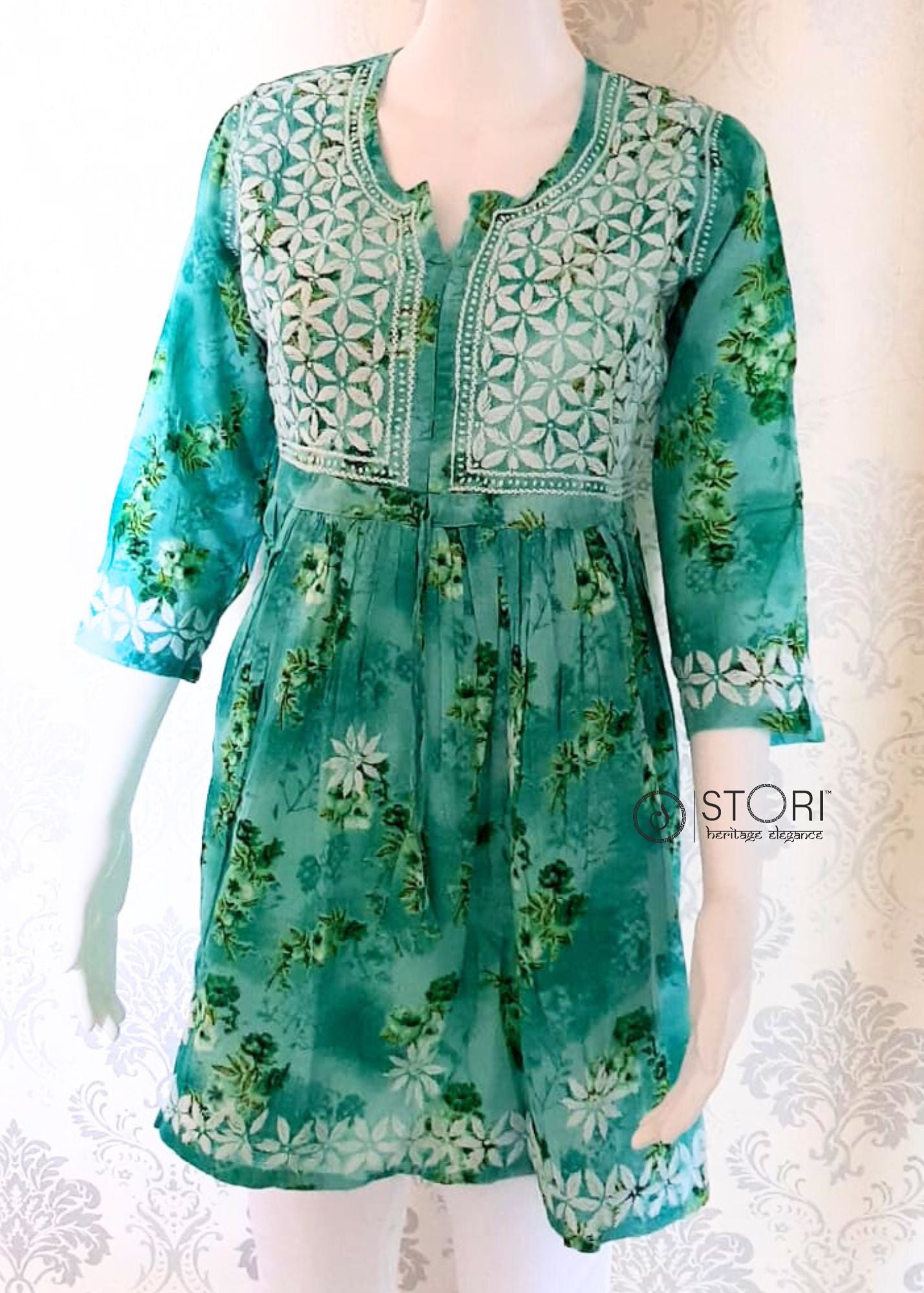 Floral Seagreen Printed Cotton Mulmul Chikankari Short Kurti with Dori