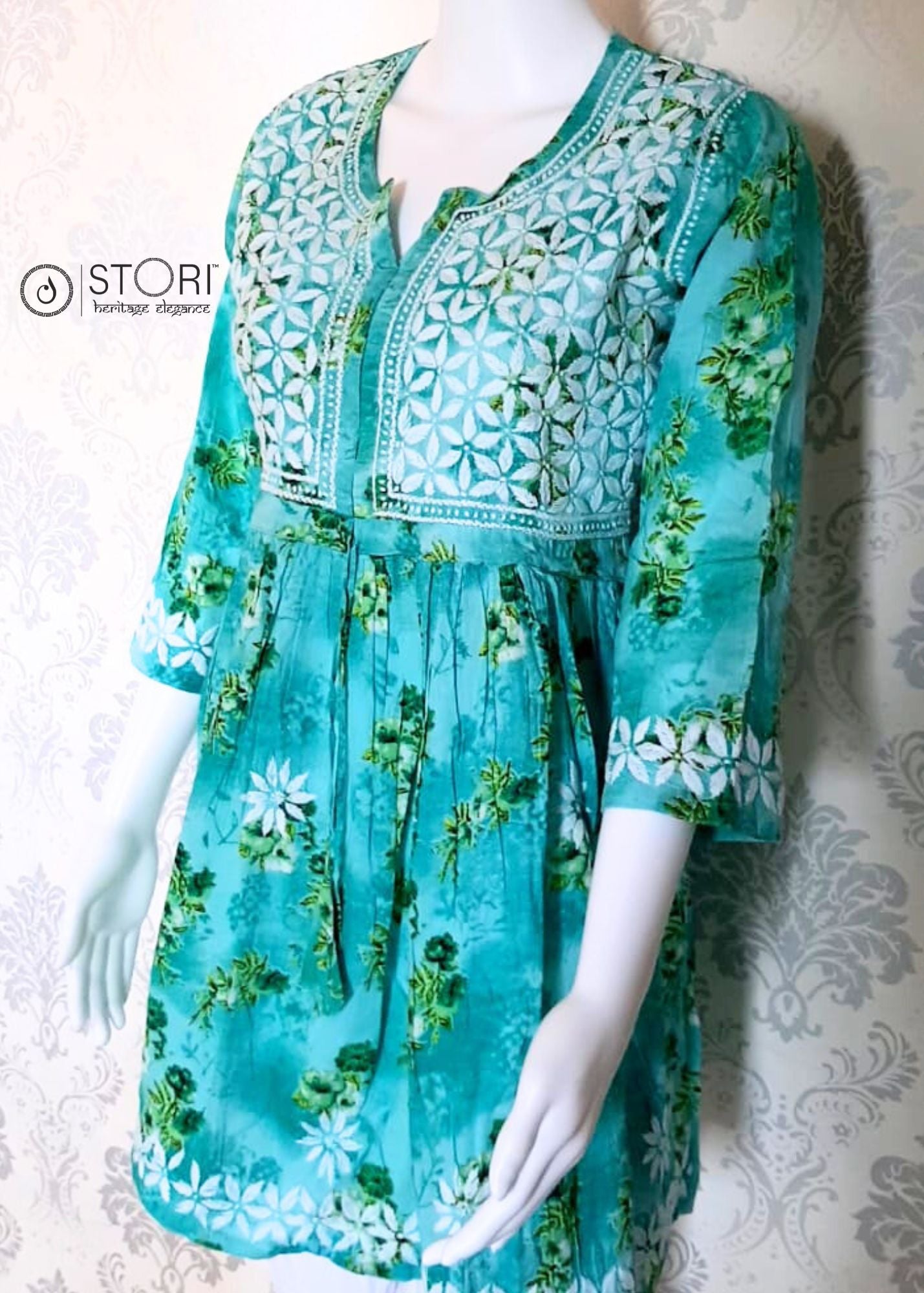Floral Seagreen Printed Cotton Mulmul Chikankari Short Kurti with Dori