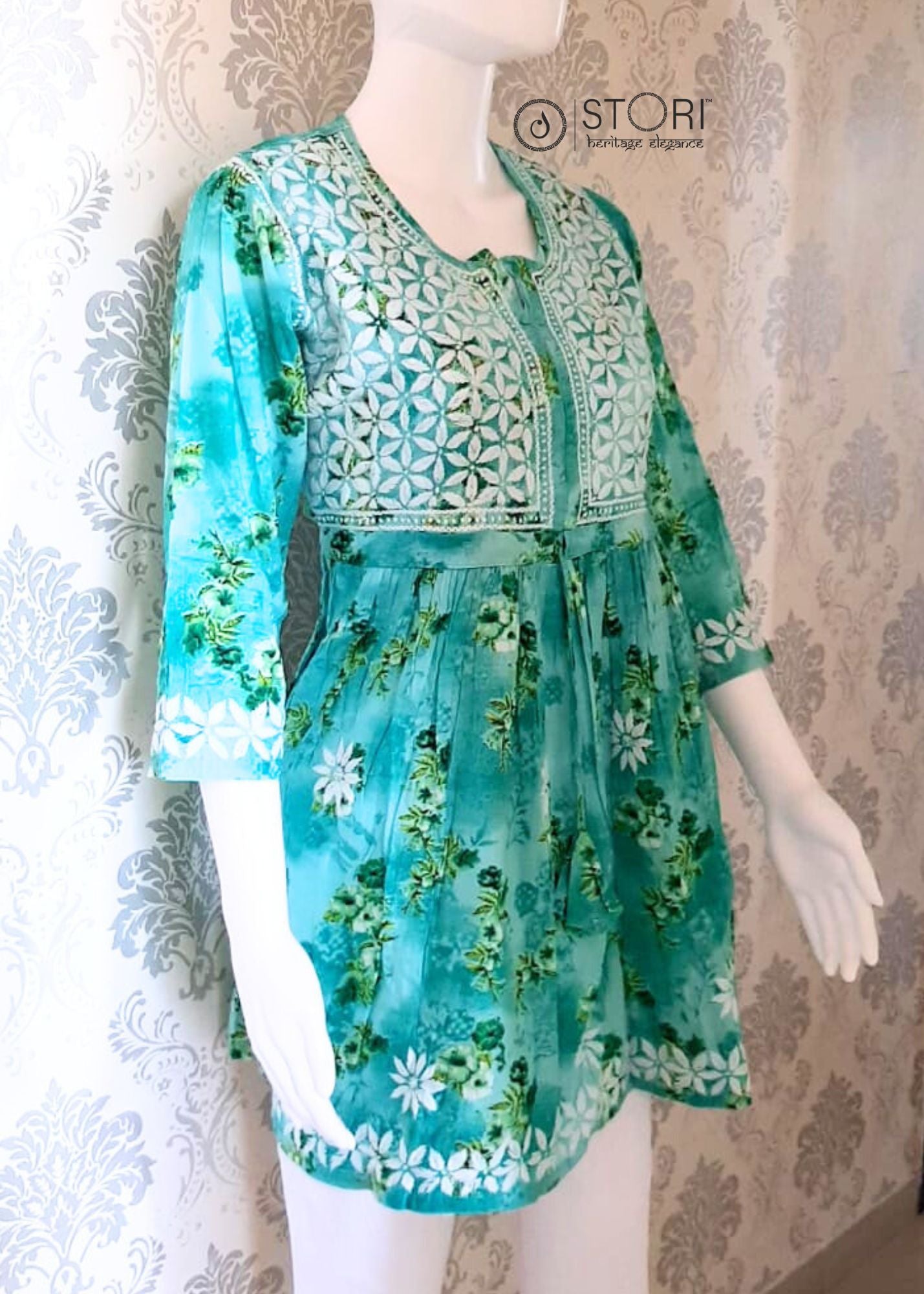 Floral Seagreen Printed Cotton Mulmul Chikankari Short Kurti with Dori