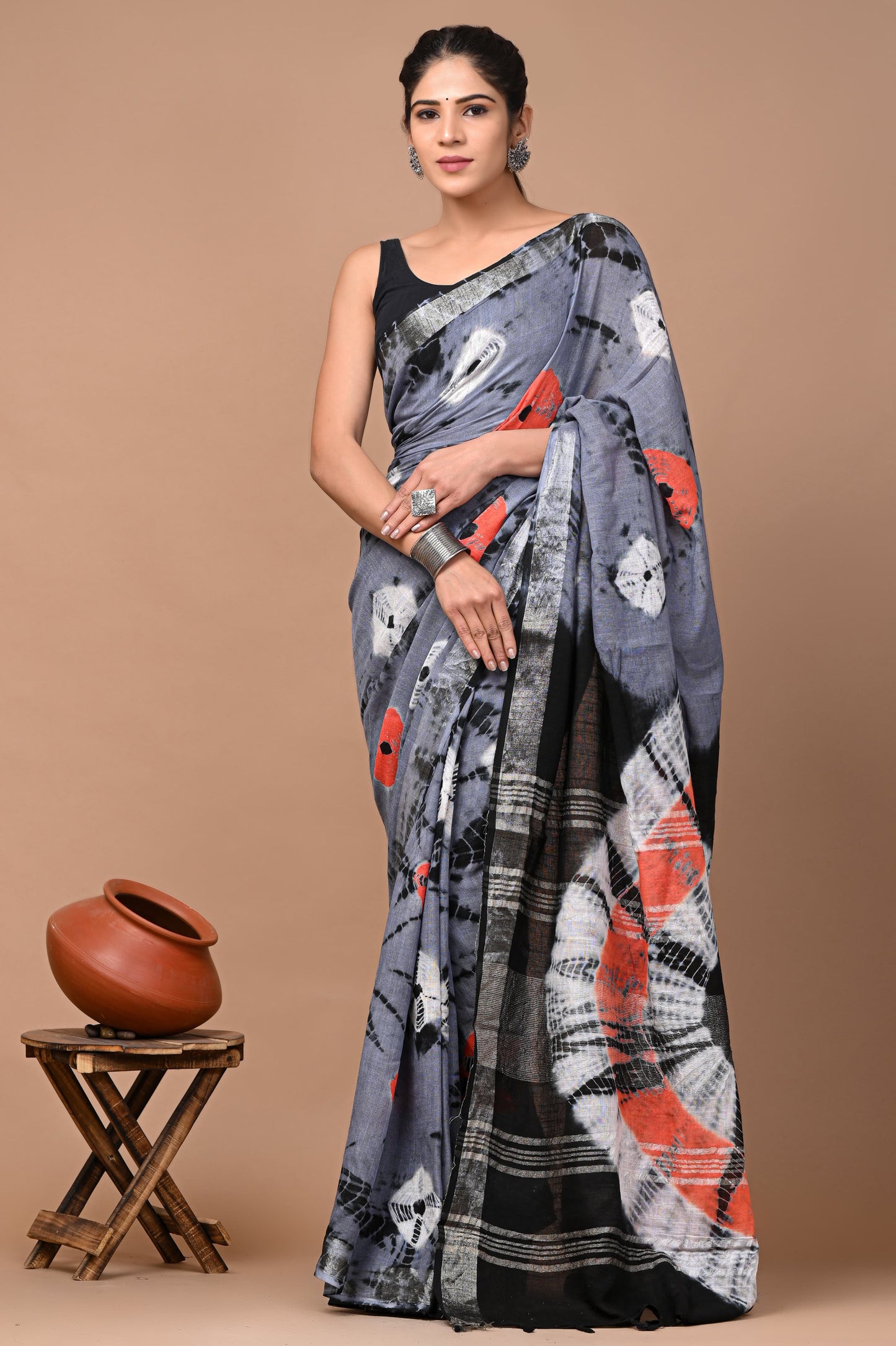 Grey & Orange Tie-N-Dye Handloom Linen Saree