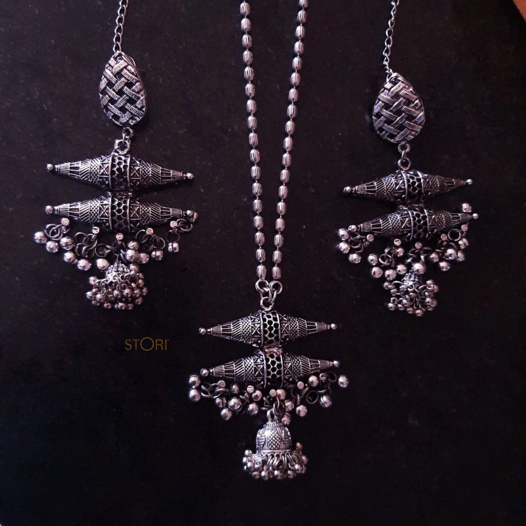 Tiraaha Double Layered Long Oxidised Necklace Set With Black Polish