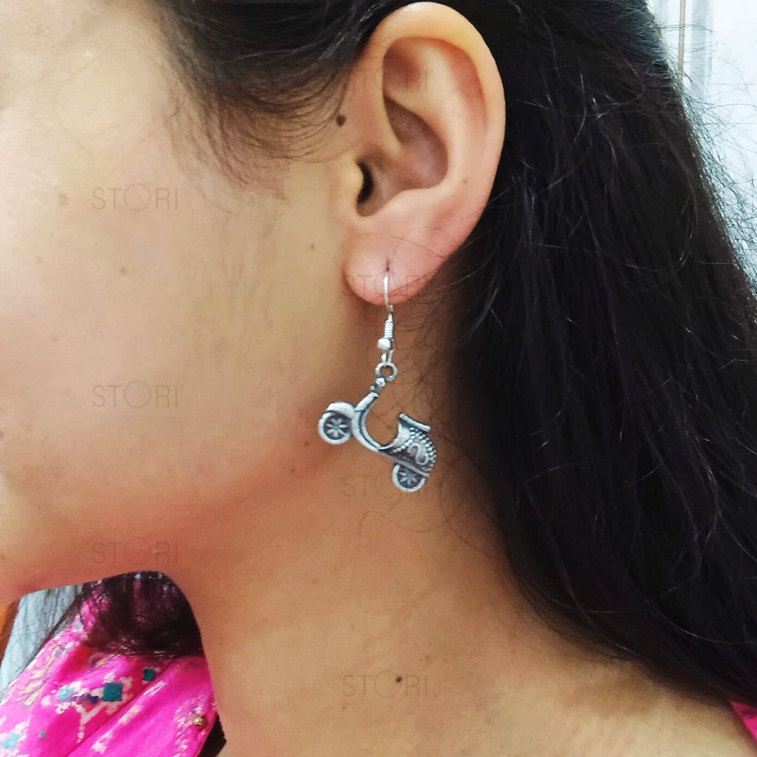 Retro Scooter Oxidised Silver Statement Drop Earrings