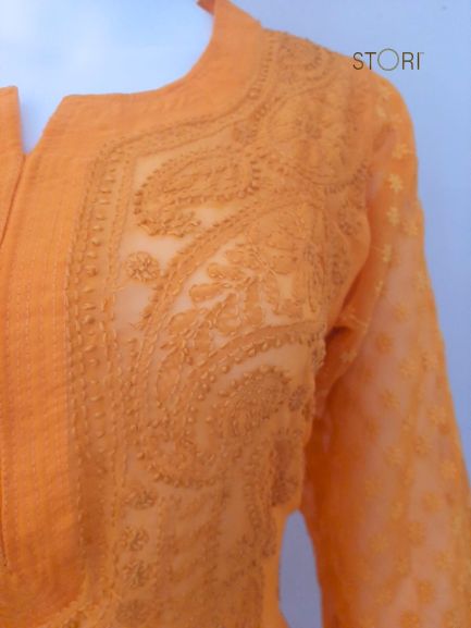 Havoka Mustard Yellow Georgette Tone-to-Tone Chikankari Kurti With Inner
