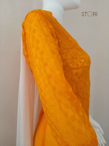 Havoka Mustard Yellow Georgette Tone-to-Tone Chikankari Kurti With Inner