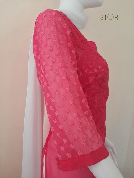 Havoka Rani Pink Georgette Tone-to-Tone Chikankari Kurti With Inner