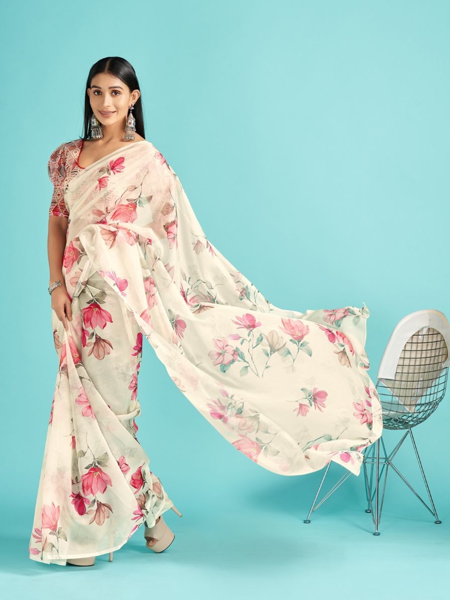 Warm White/Cream Floral Printed Organza Silk Saree