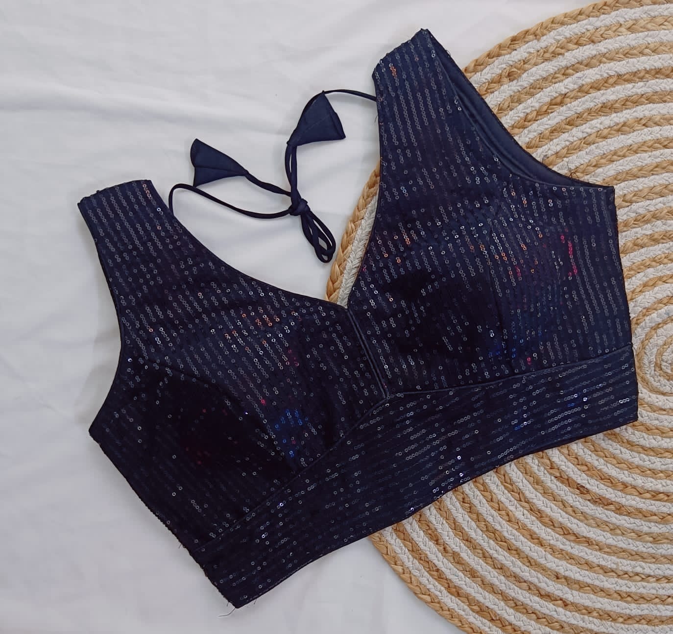 Blue Sequin Embroidered Sleeveless Phantom Silk Readymade Blouse