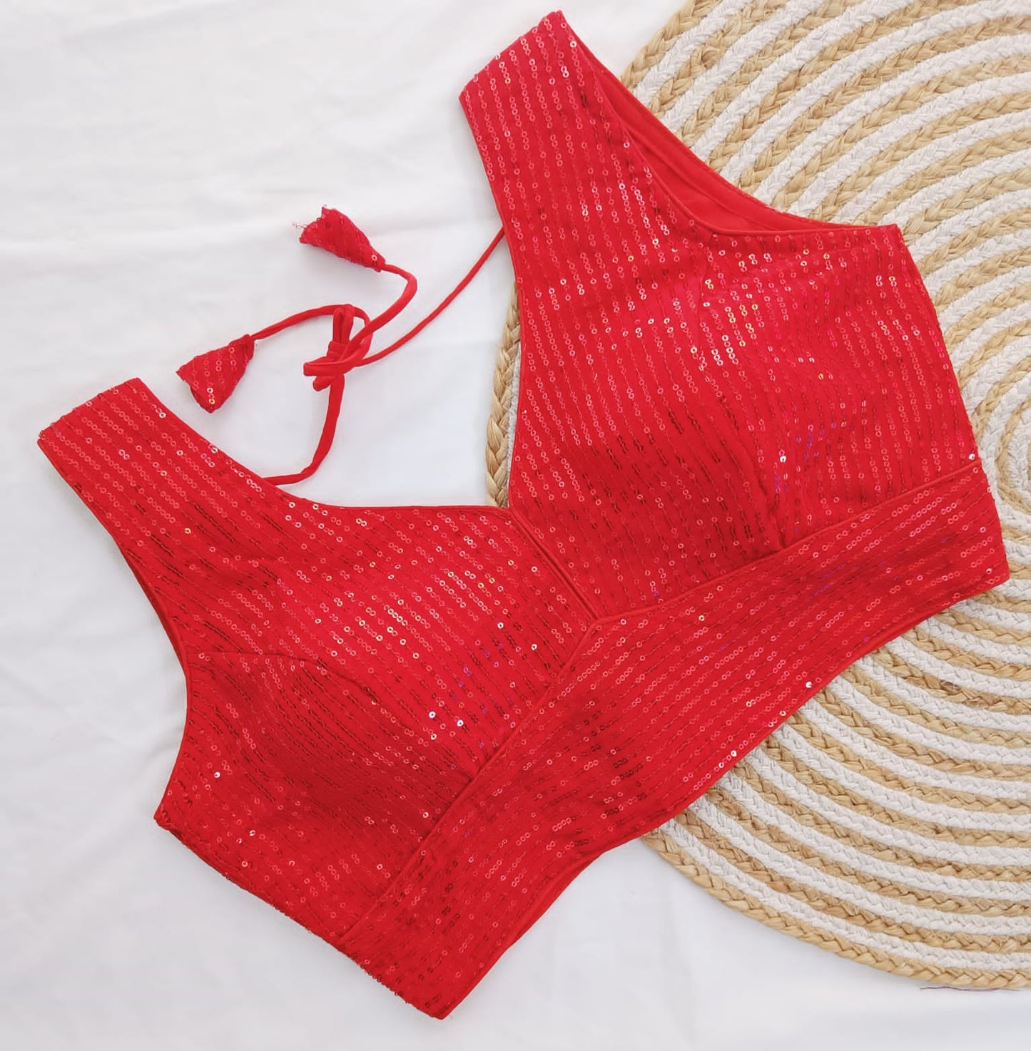 Red Sequin Embroidered Sleeveless Phantom Silk Readymade Blouse