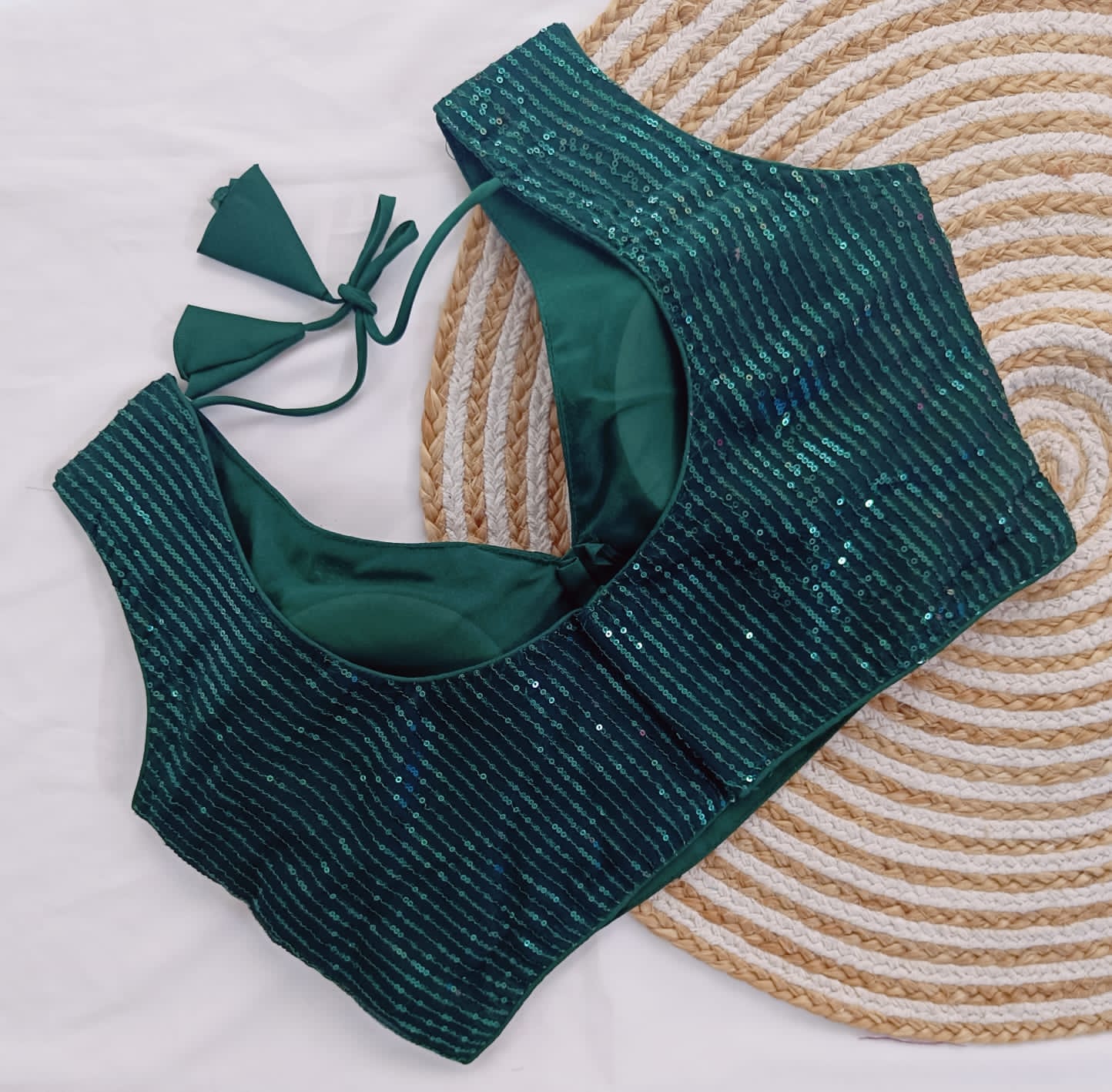 Green Sequin Embroidered Sleeveless Phantom Silk Readymade Blouse