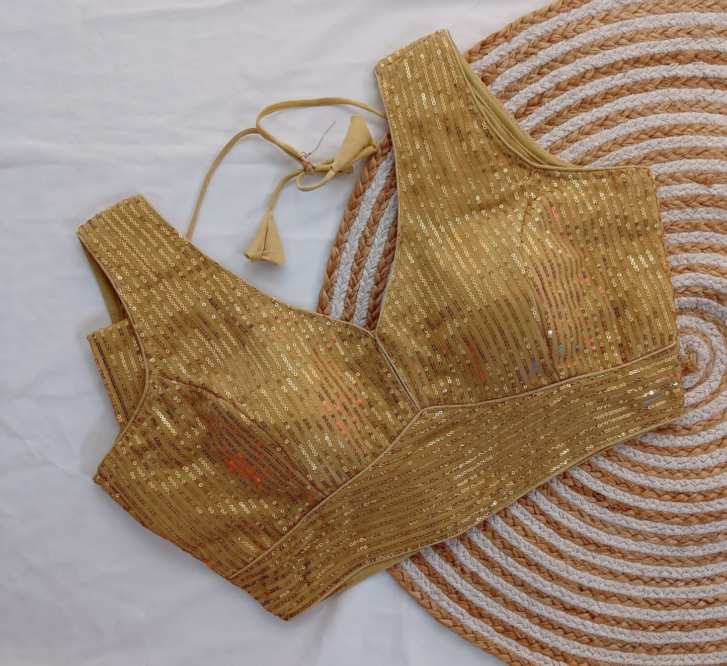 Gold Sequin Embroidered Sleeveless Phantom Silk Readymade Blouse