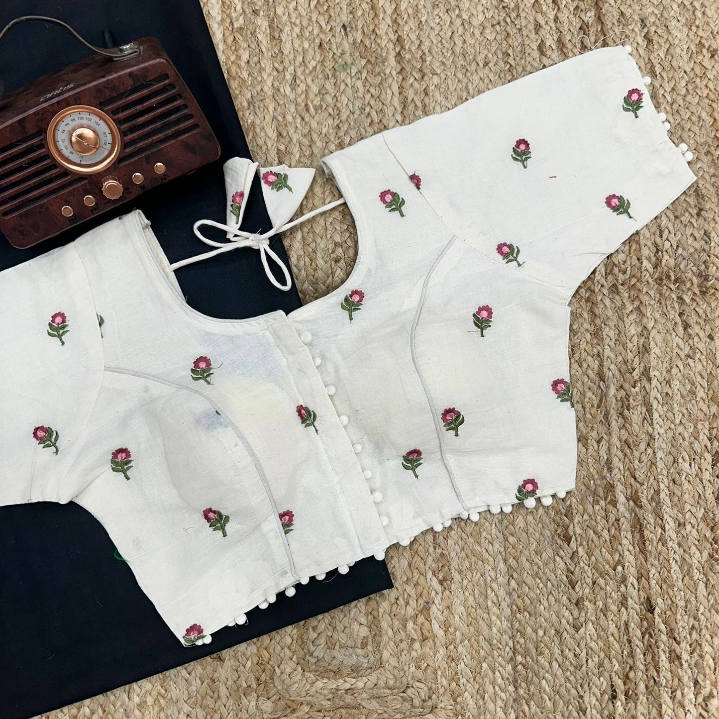 Rose Buds Embroidered Khadi Cotton Designer Blouse - Dyeable