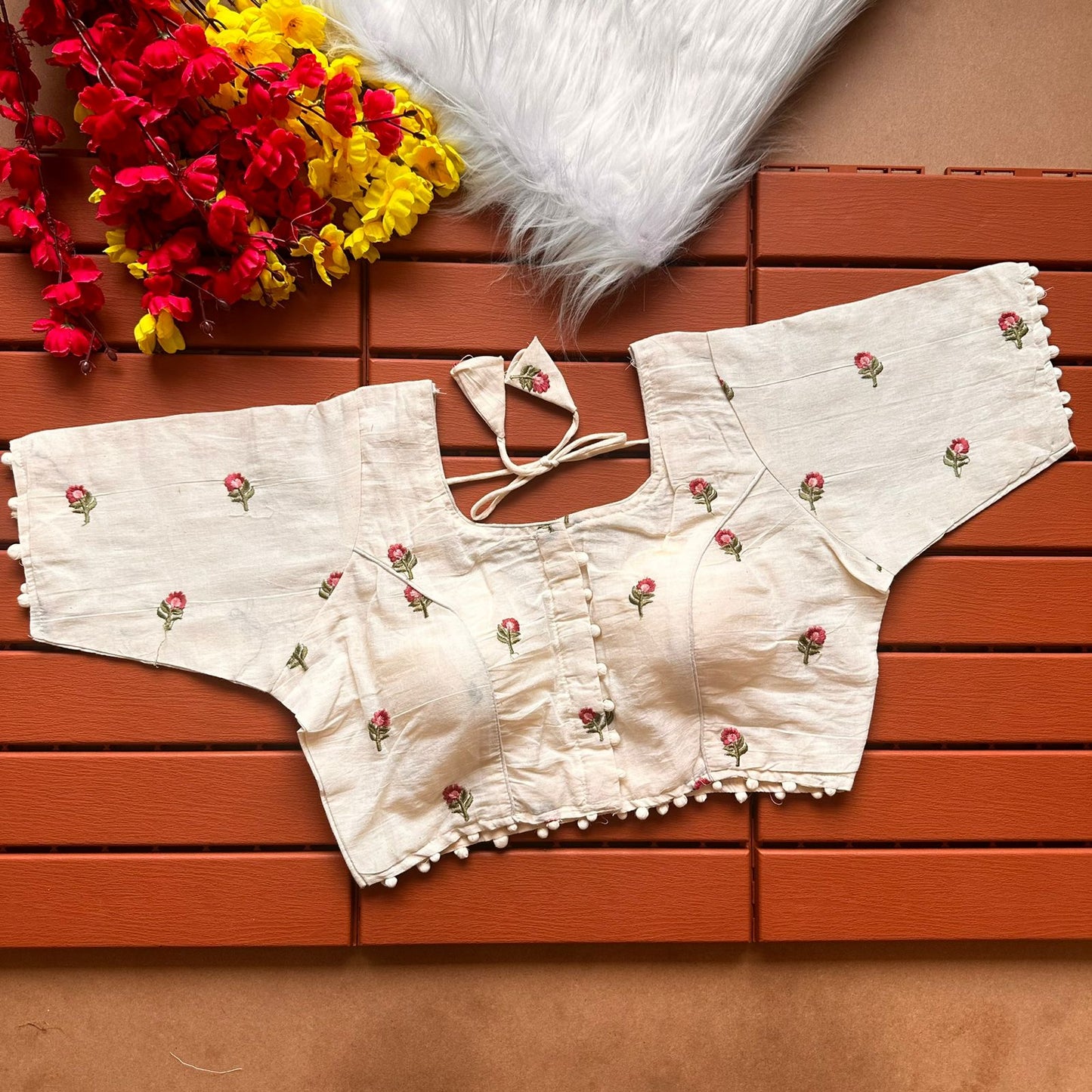 Rose Buds Embroidered Khadi Cotton Designer Blouse - Dyeable