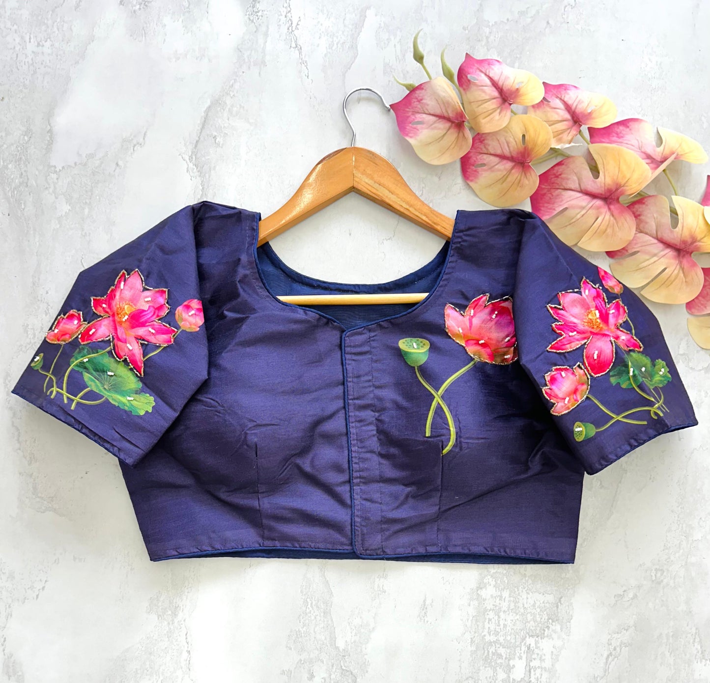 Blue Pichwai Lotus Printed Raw Silk Blouse With Sequin Handwork