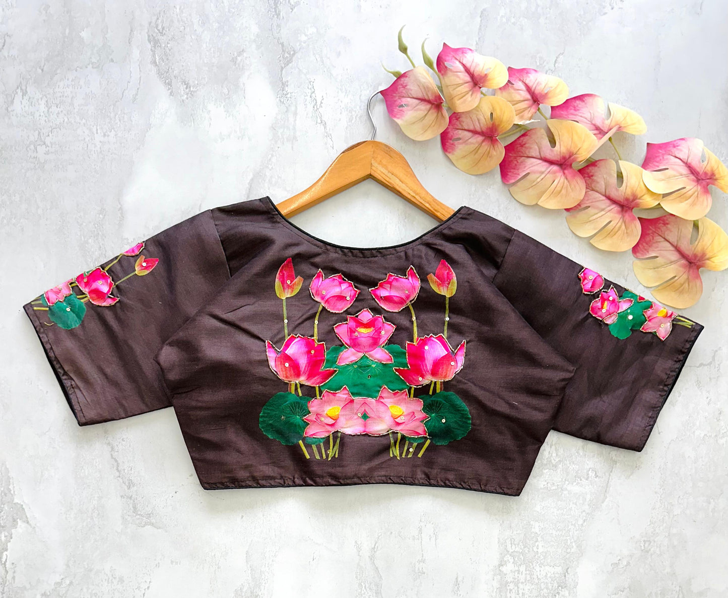 Brown Pichwai Lotus Printed Raw Silk Blouse With Sequin Handwork