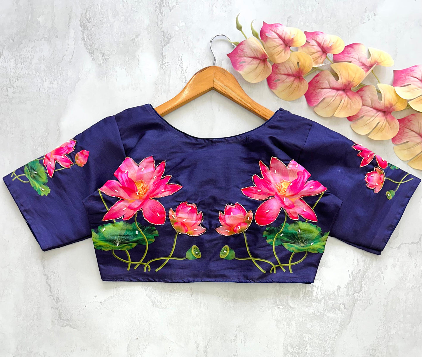 Blue Pichwai Lotus Printed Raw Silk Blouse With Sequin Handwork