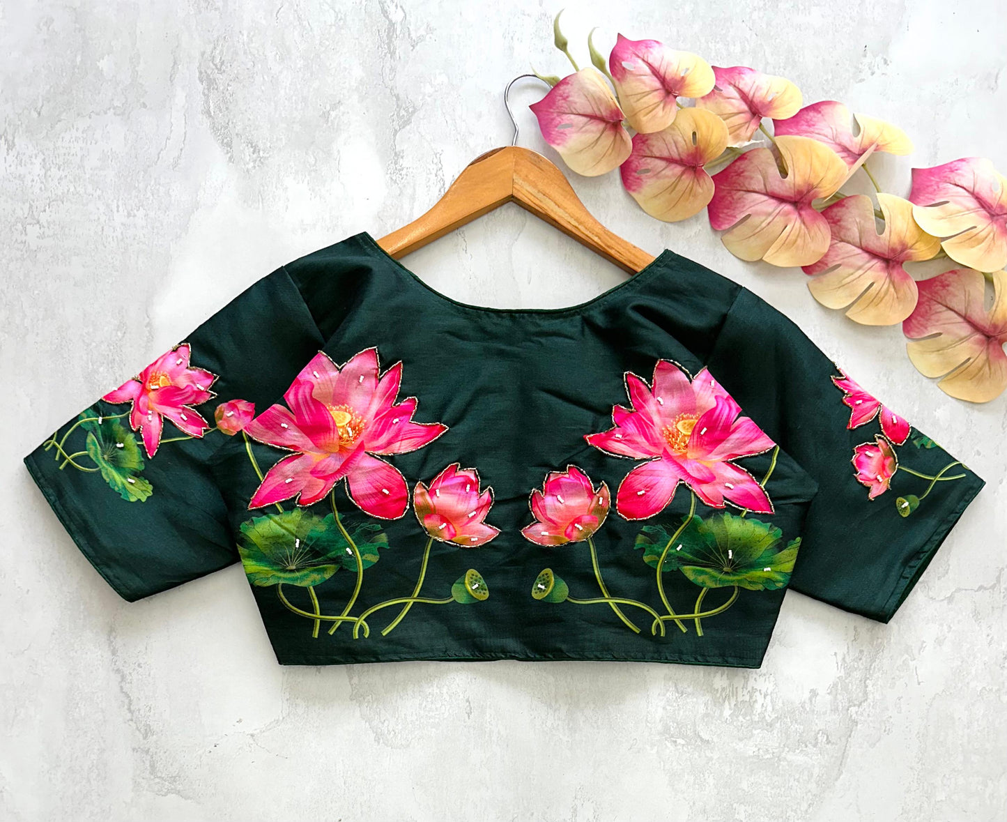 Pichwai Lotus Printed Raw Silk Blouse With Sequin Handwork