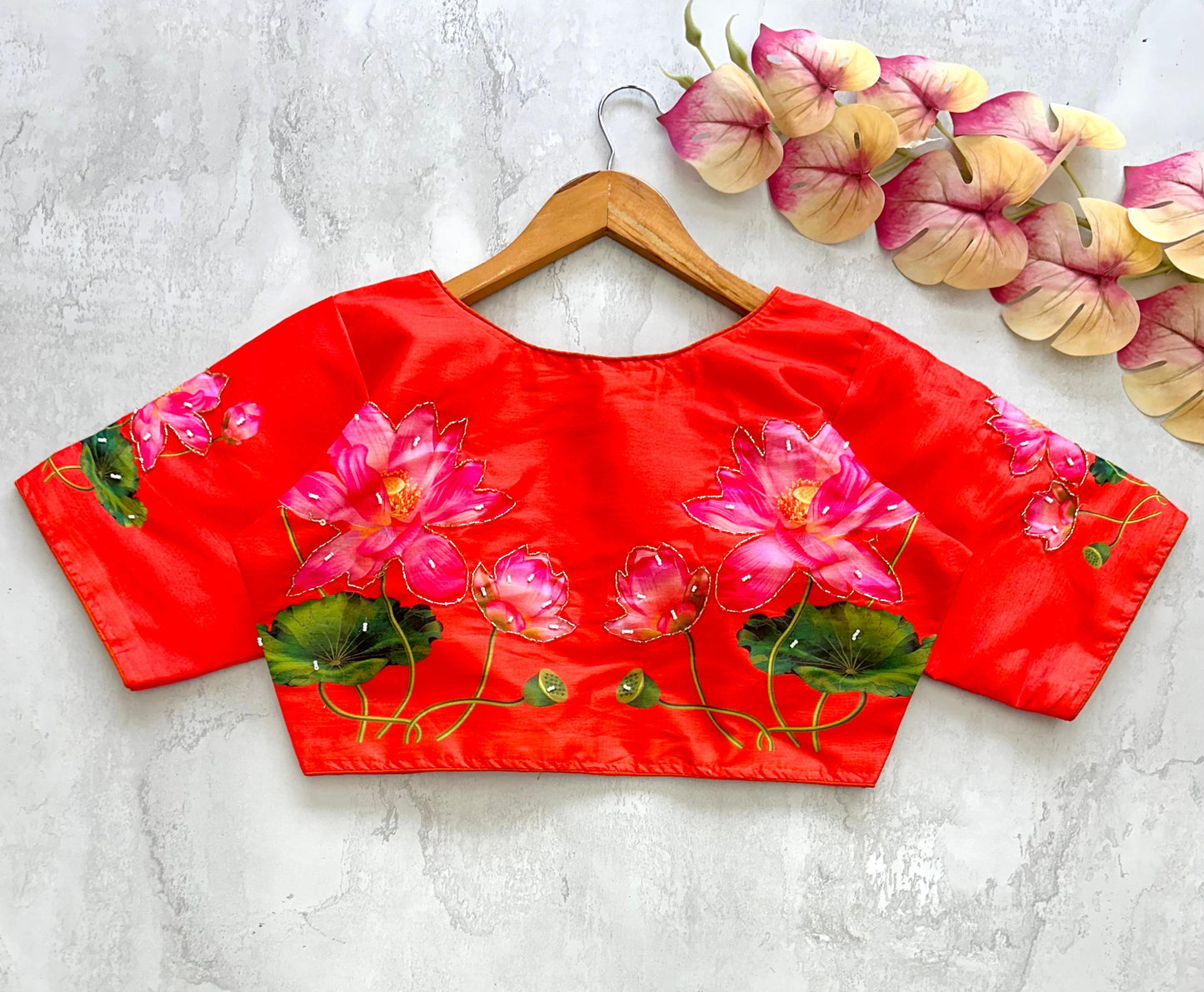 Red Pichwai Lotus Printed Raw Silk Blouse With Sequin Handwork