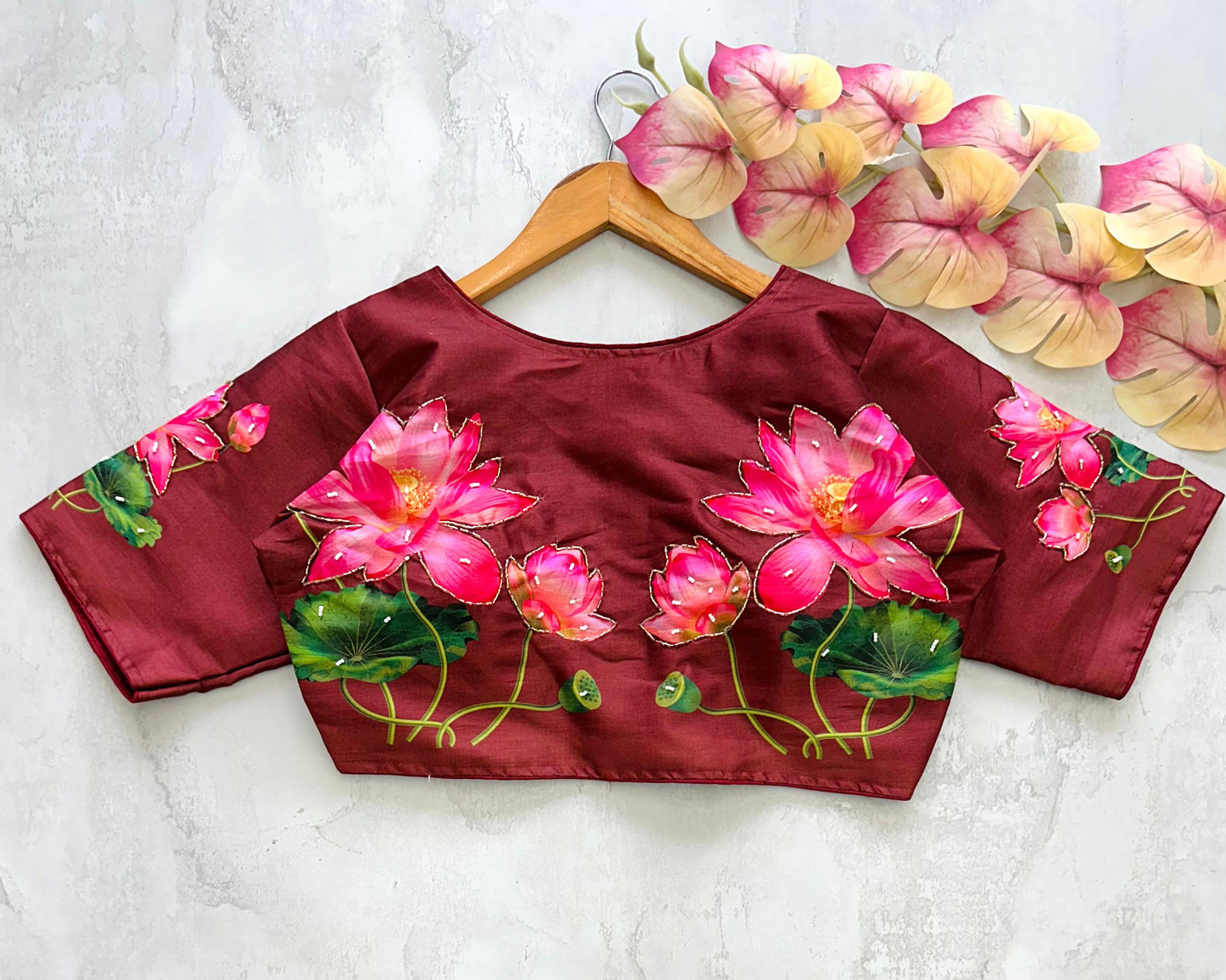 Maroon Pichwai Lotus Printed Raw Silk Blouse With Sequin Handwork