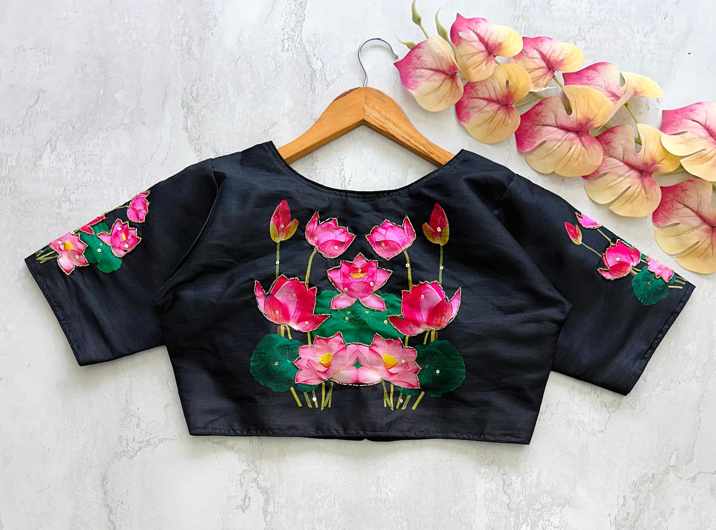 Black Pichwai Lotus Printed Raw Silk Blouse With Sequin Handwork