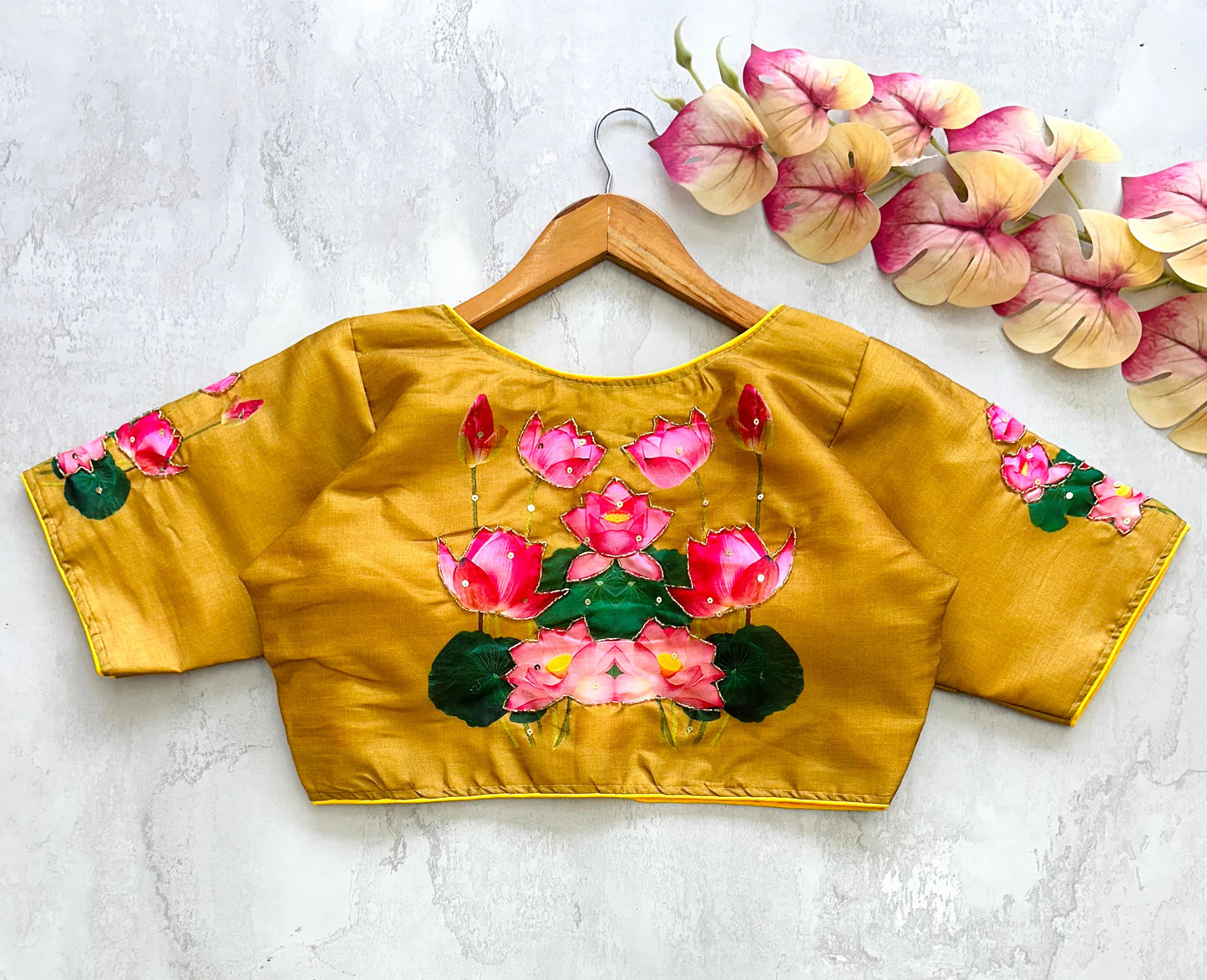 Pichwai Lotus Printed Raw Silk Blouse With Sequin Handwork