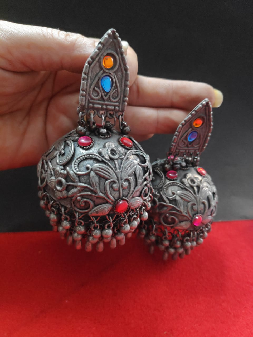 Black Polished Oxidized Jumbo Jhumkis- Navratri Special