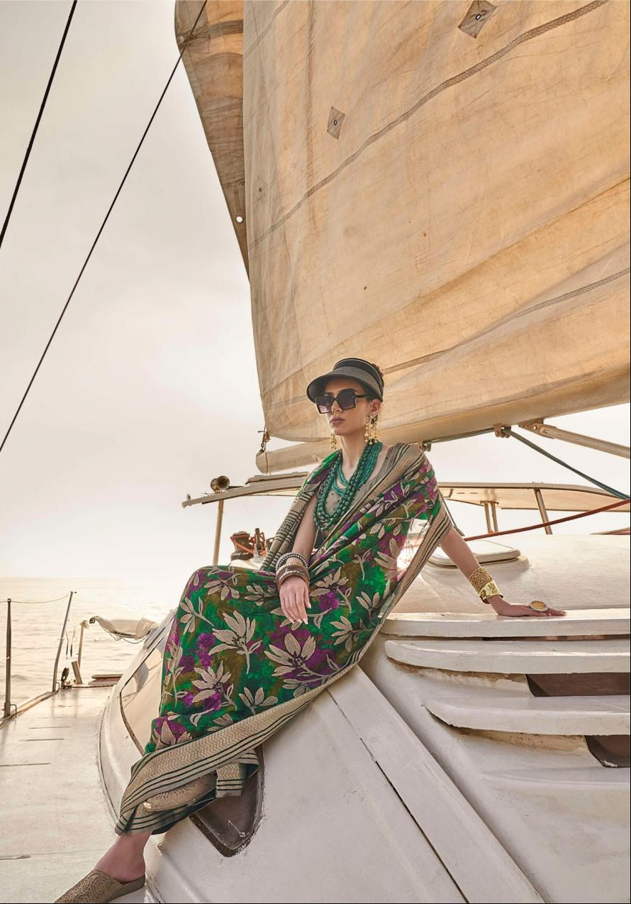 STORI Green Floral Soft Georgette Saree