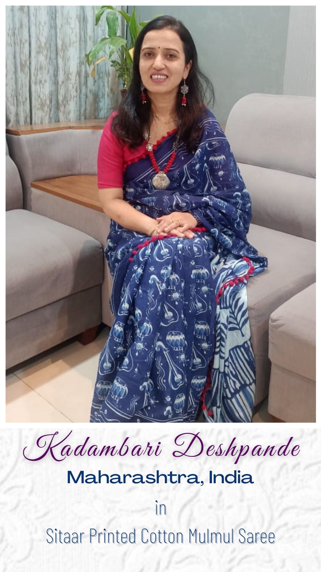 Indigo Blue Sitaar Printed Handloom Cotton Mulmul Saree