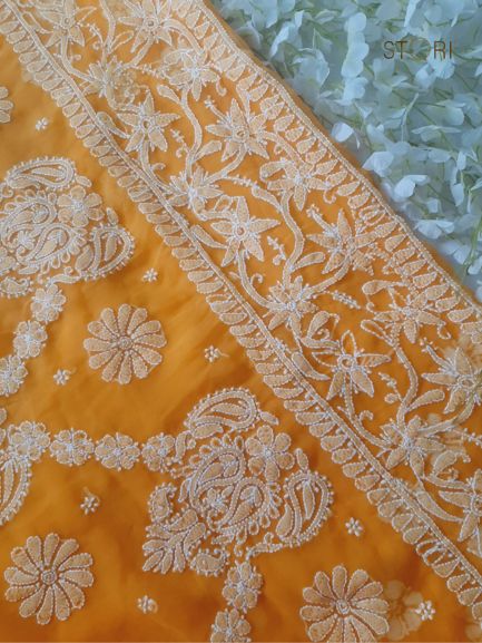 Kesar Yellow Sanah Handcrafted Lucknowi Chikankari Saree