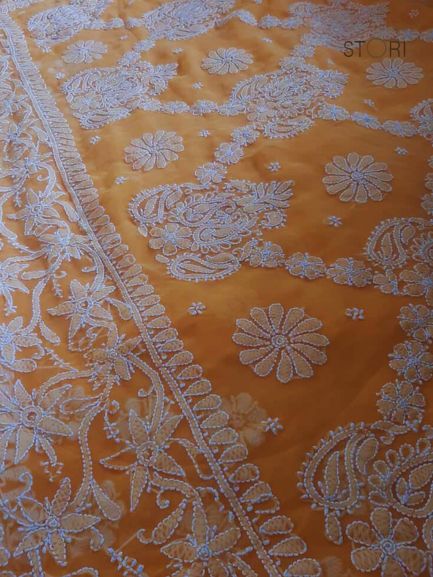 Kesar Yellow Sanah Handcrafted Lucknowi Chikankari Saree